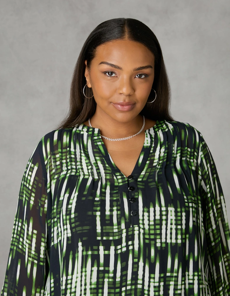 Green Blurred Print Pintuck Blouse