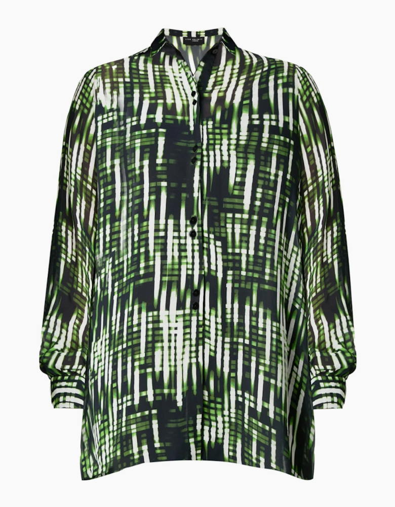 Green Blurred Print Button Through Hanky Hem Shirt