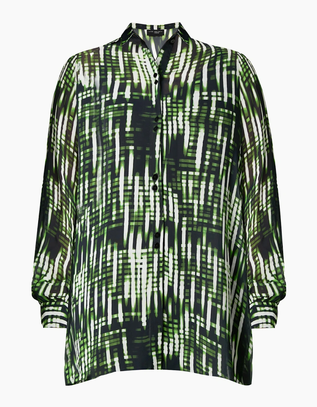Green Blurred Print Button Through Hanky Hem Shirt