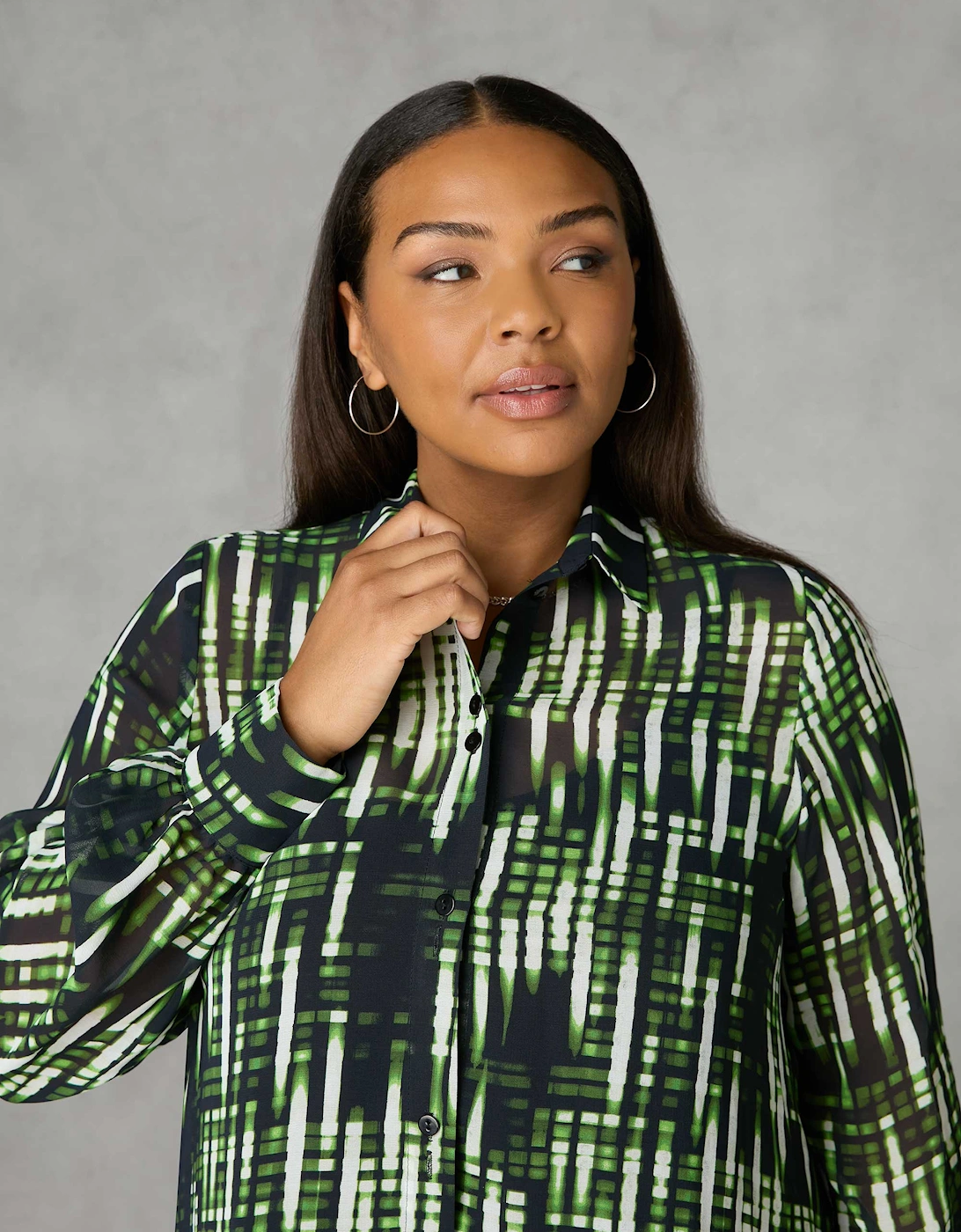 Green Blurred Print Button Through Hanky Hem Shirt