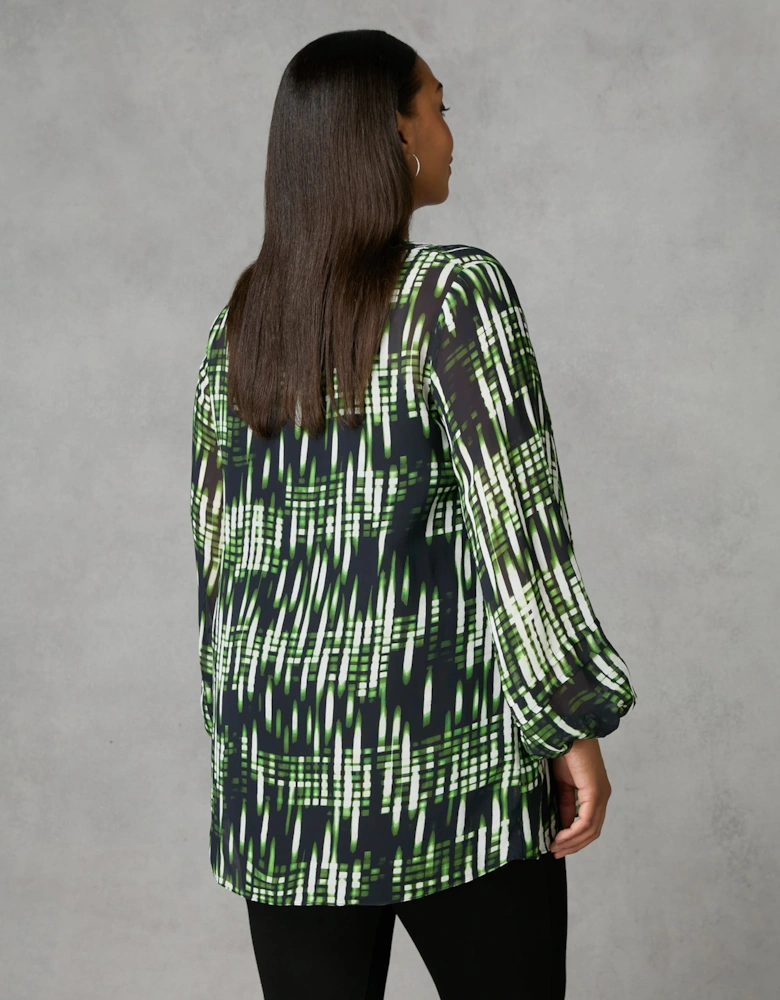 Green Blurred Print Pintuck Blouse