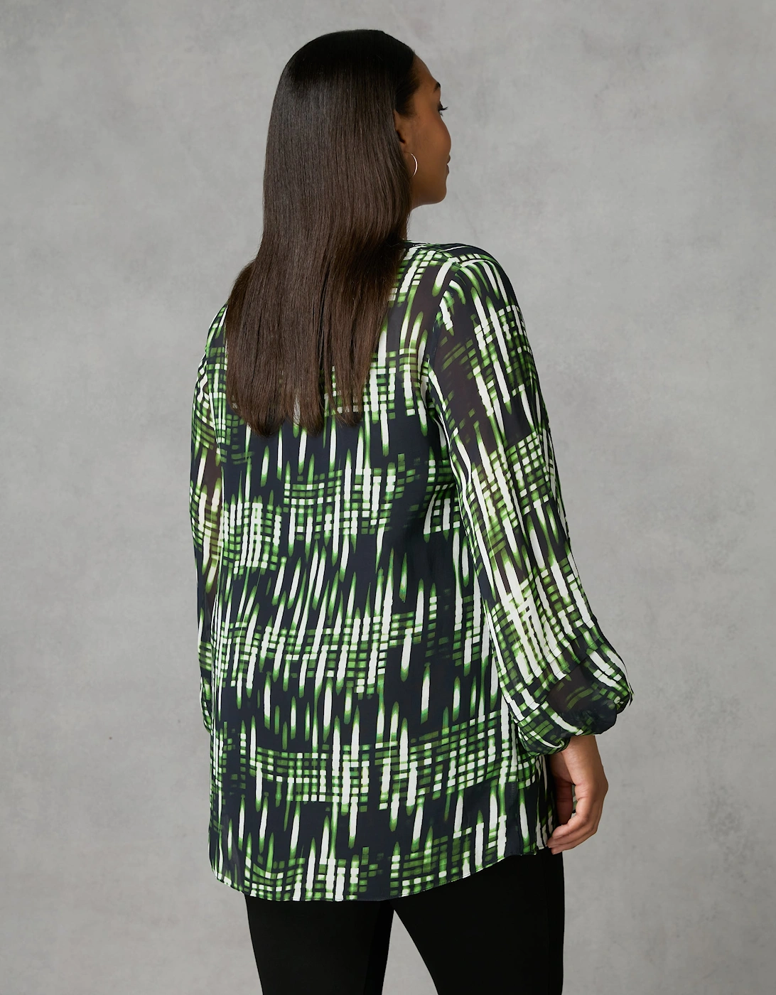 Green Blurred Print Pintuck Blouse