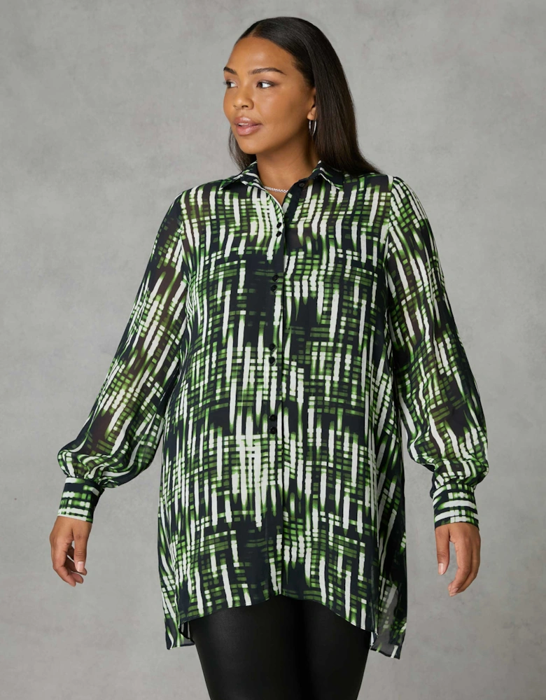 Green Blurred Print Button Through Hanky Hem Shirt