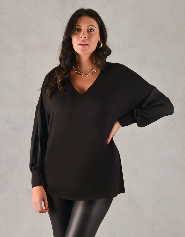 Black Satin Sleeve Jersey Top