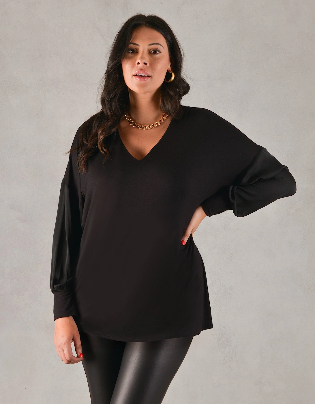 Black Satin Sleeve Jersey Top