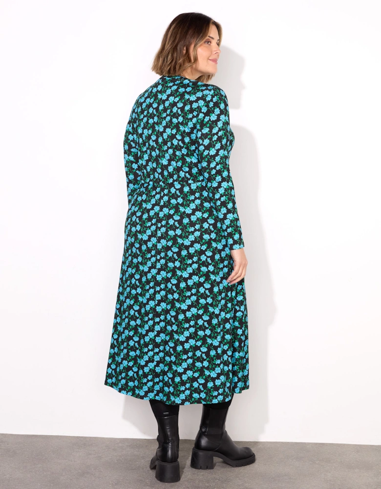 Navy Blue Ditsy Tie Waist Midi Dress