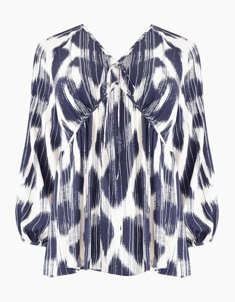 Navy Geo Print Tie Neck Blouse