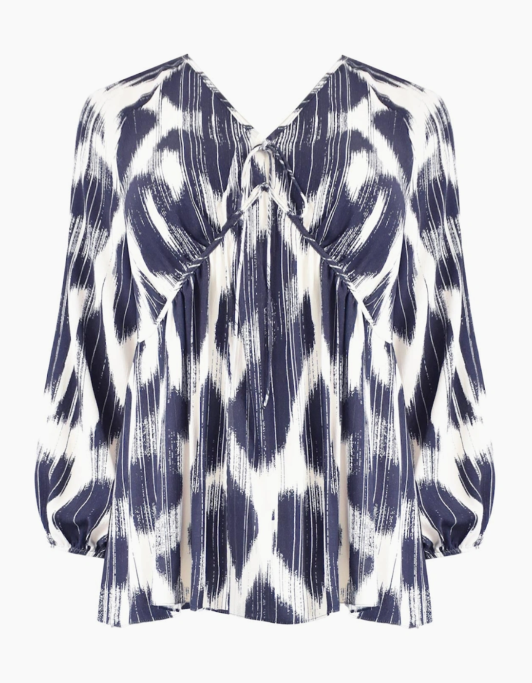 Navy Geo Print Tie Neck Blouse