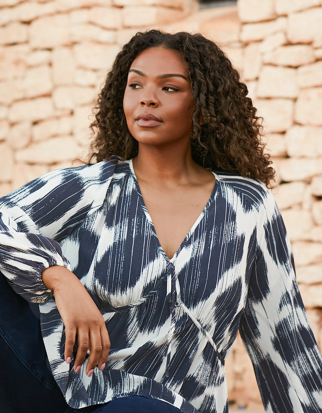 Navy Geo Print Tie Neck Blouse