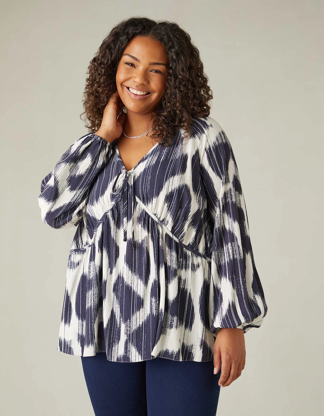Navy Geo Print Tie Neck Blouse