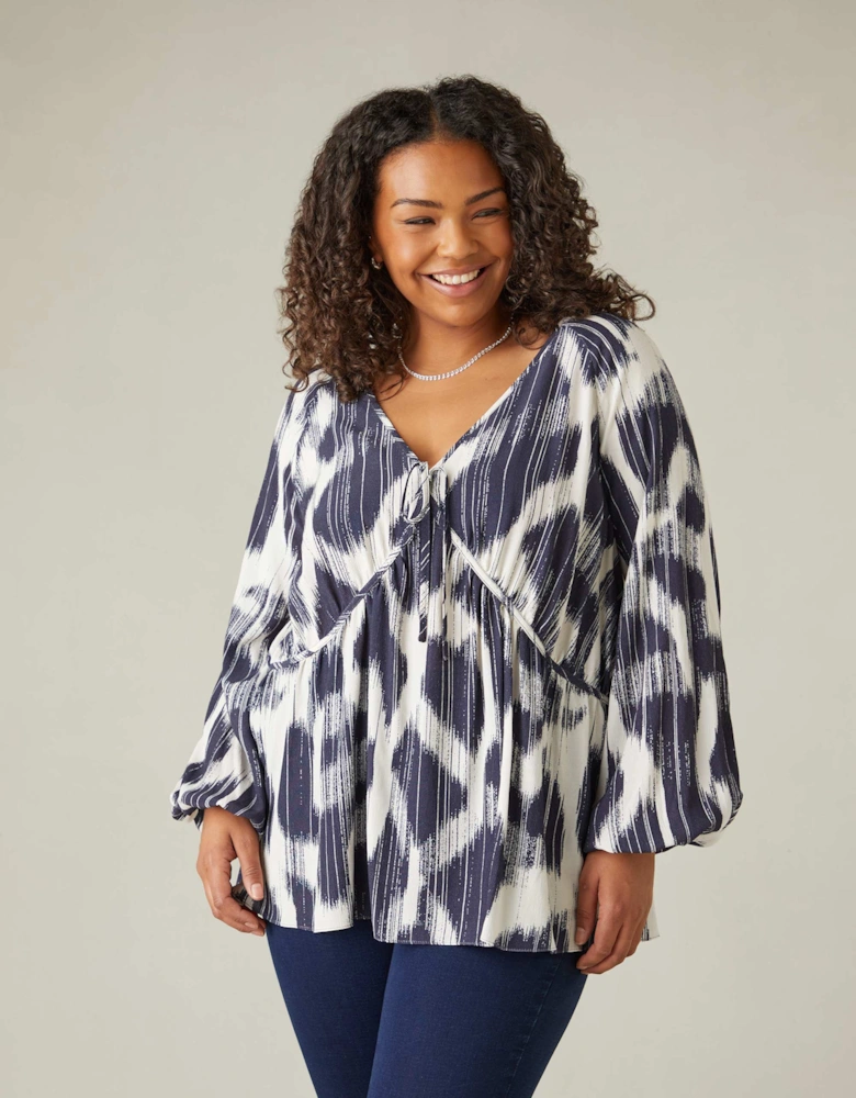 Navy Geo Print Tie Neck Blouse