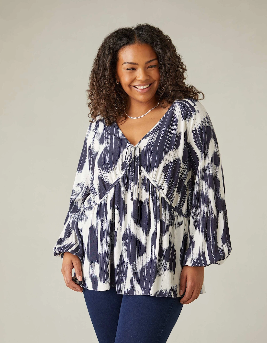 Navy Geo Print Tie Neck Blouse