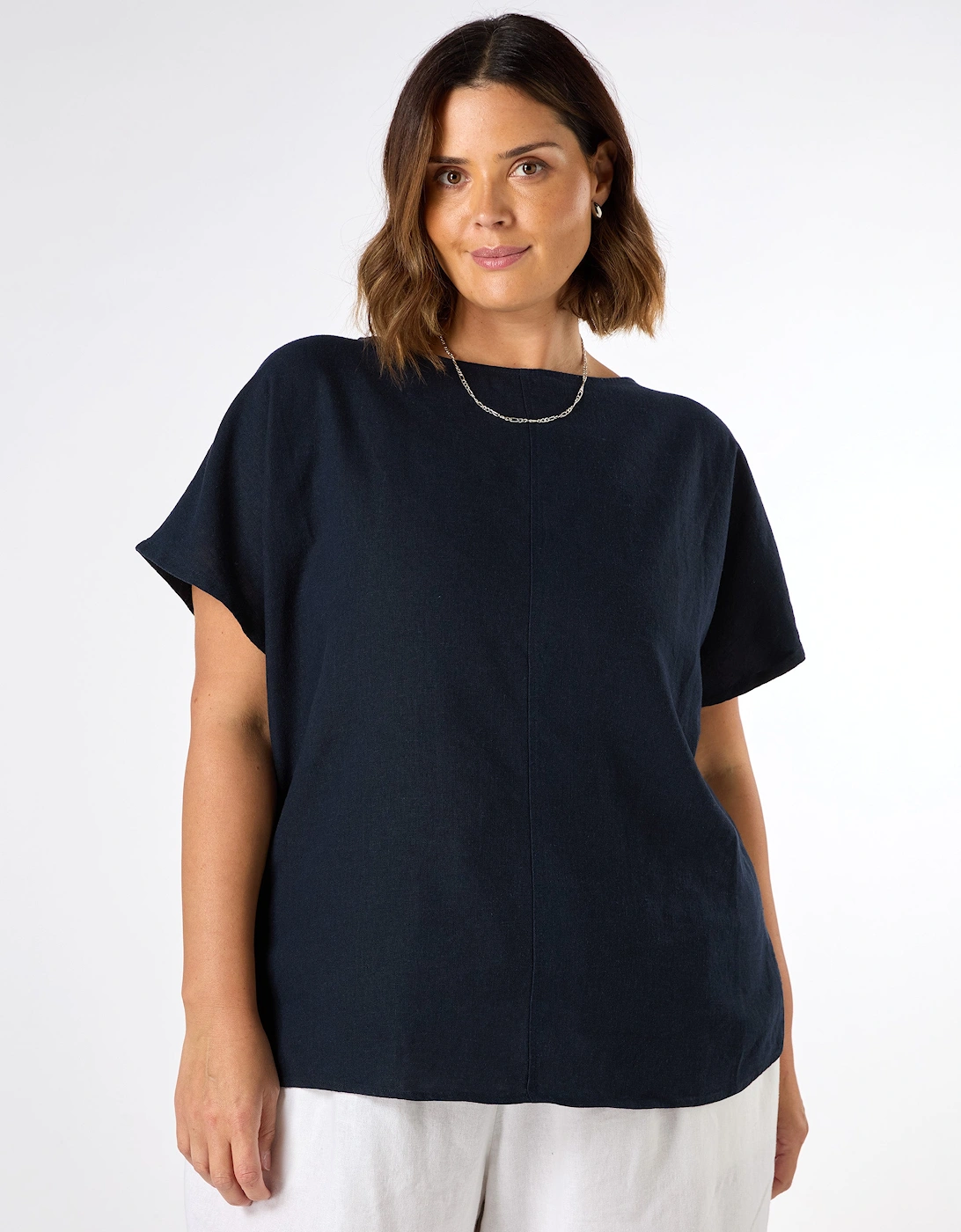 Navy Linen Blend Seamed Detail Top
