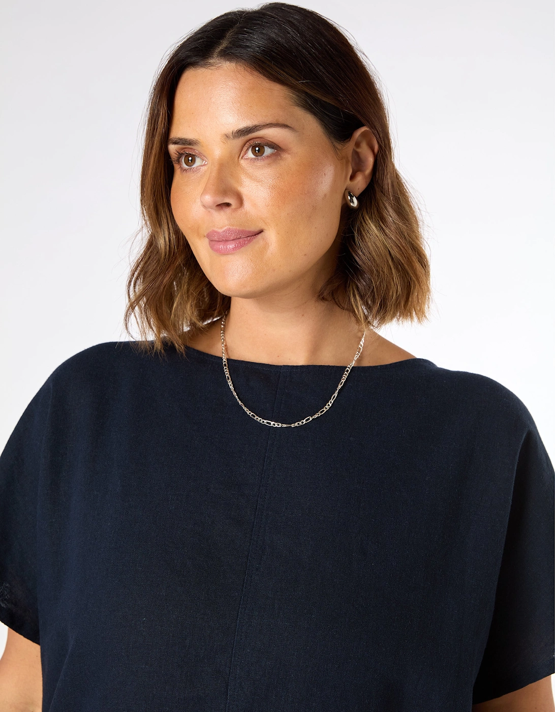 Navy Linen Blend Seamed Detail Top