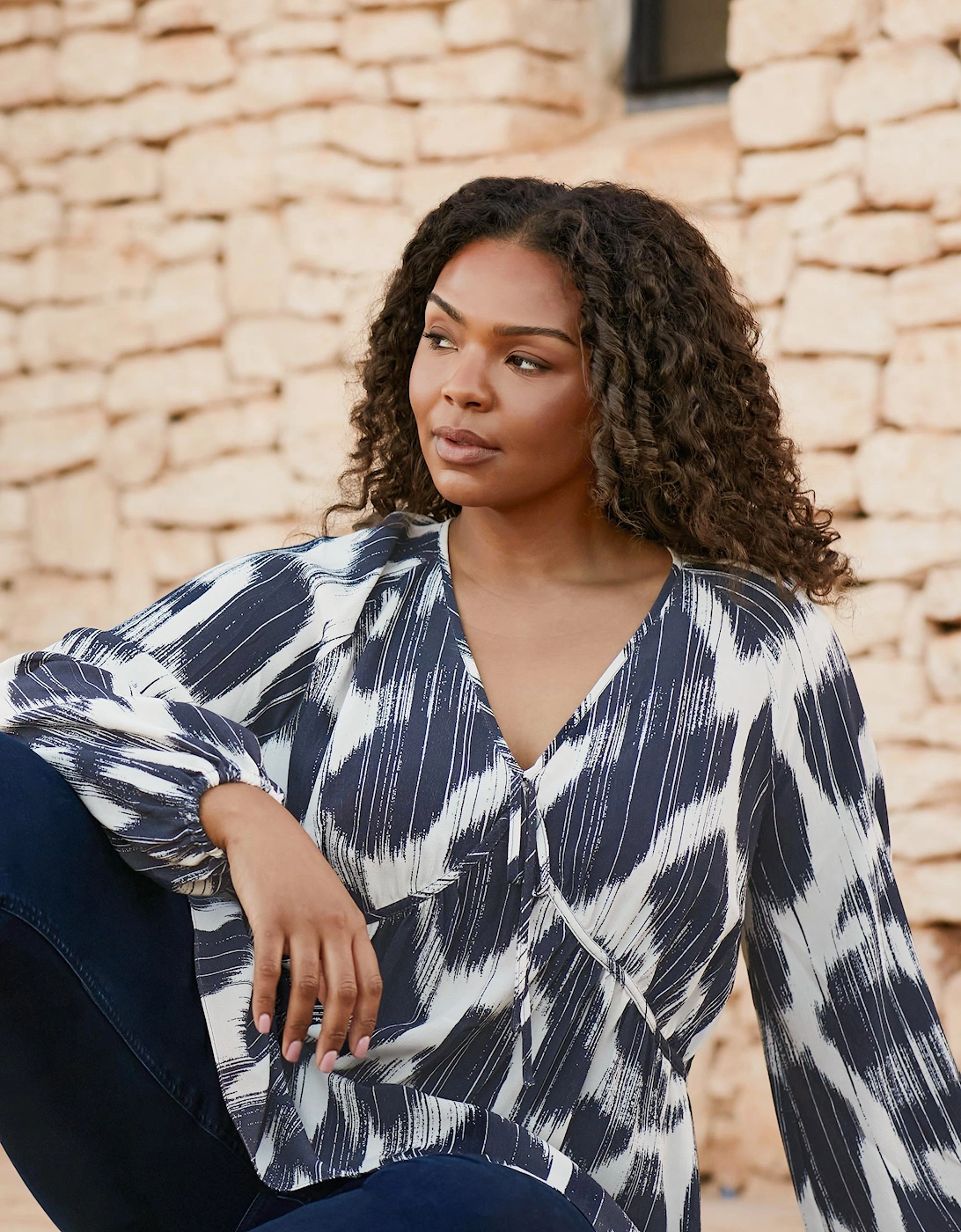 Navy Geo Print Tie Neck Blouse