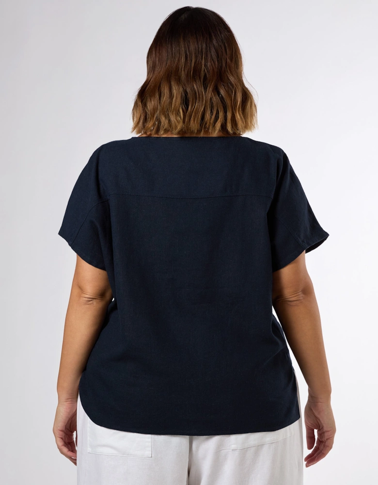 Navy Linen Blend Seamed Detail Top