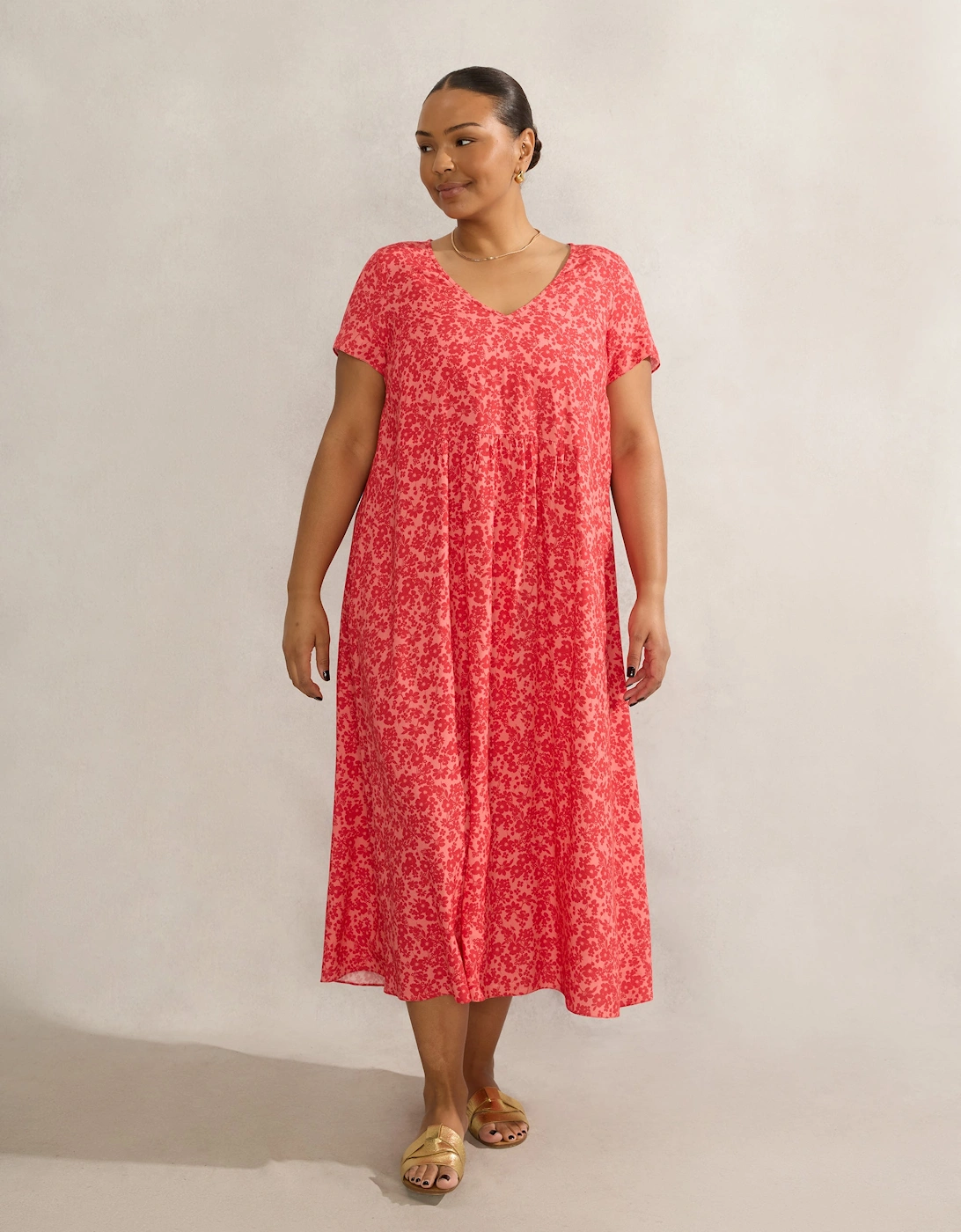 Pink Ditsy Short Sleeve Midi Dress