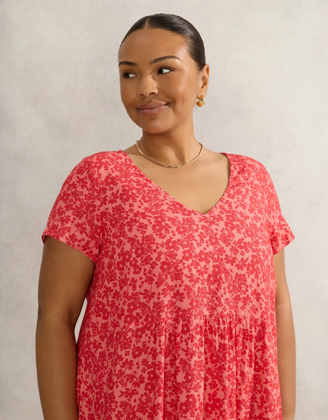 Pink Ditsy Short Sleeve Midi Dress