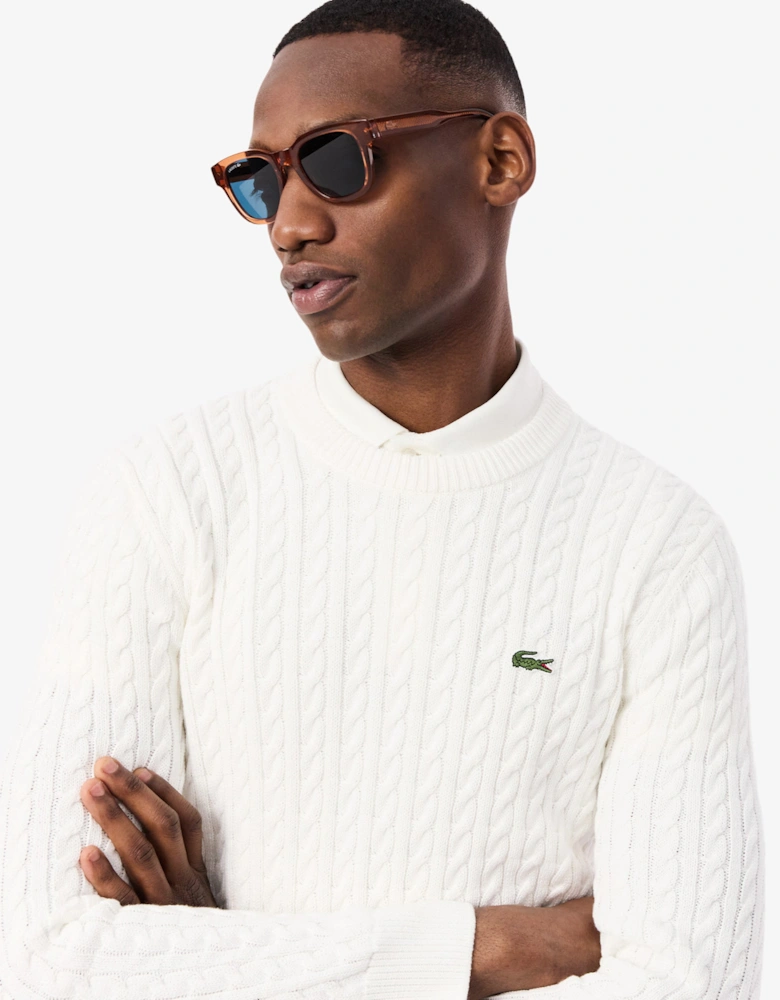 Cable Knit Mens Cotton Jumper - Flour/Green