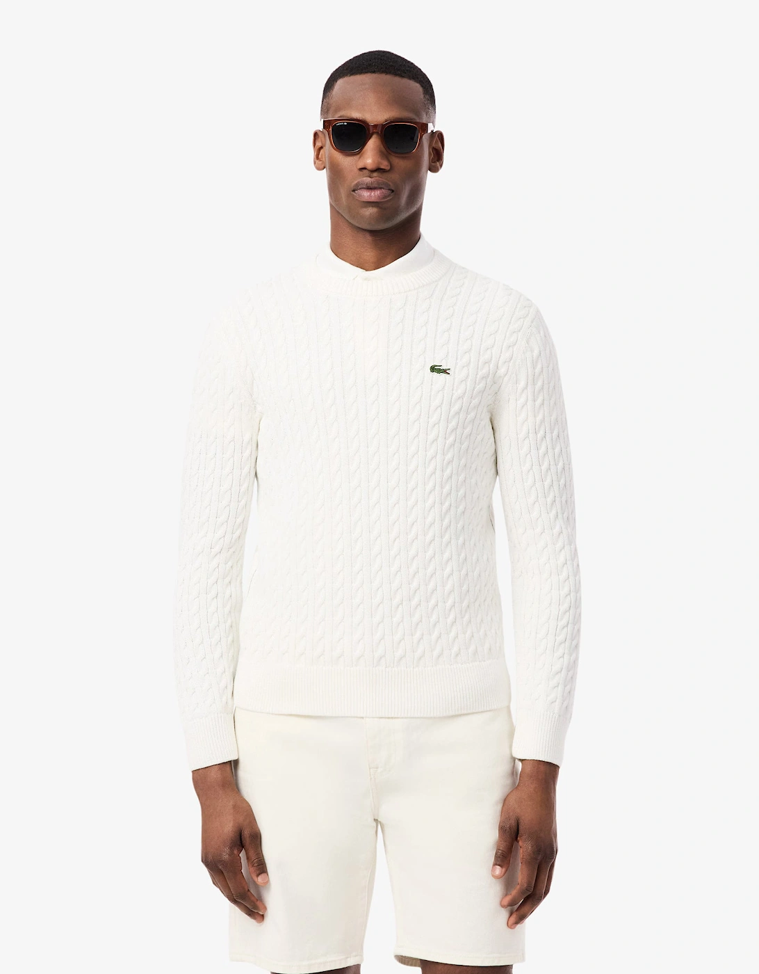 Lacoste Men's White Cable Knit Cotton Jumper - Flour/Green - Size: 38