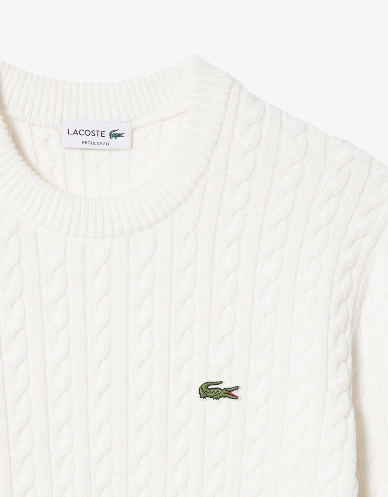 Cable Knit Mens Cotton Jumper - Flour/Green