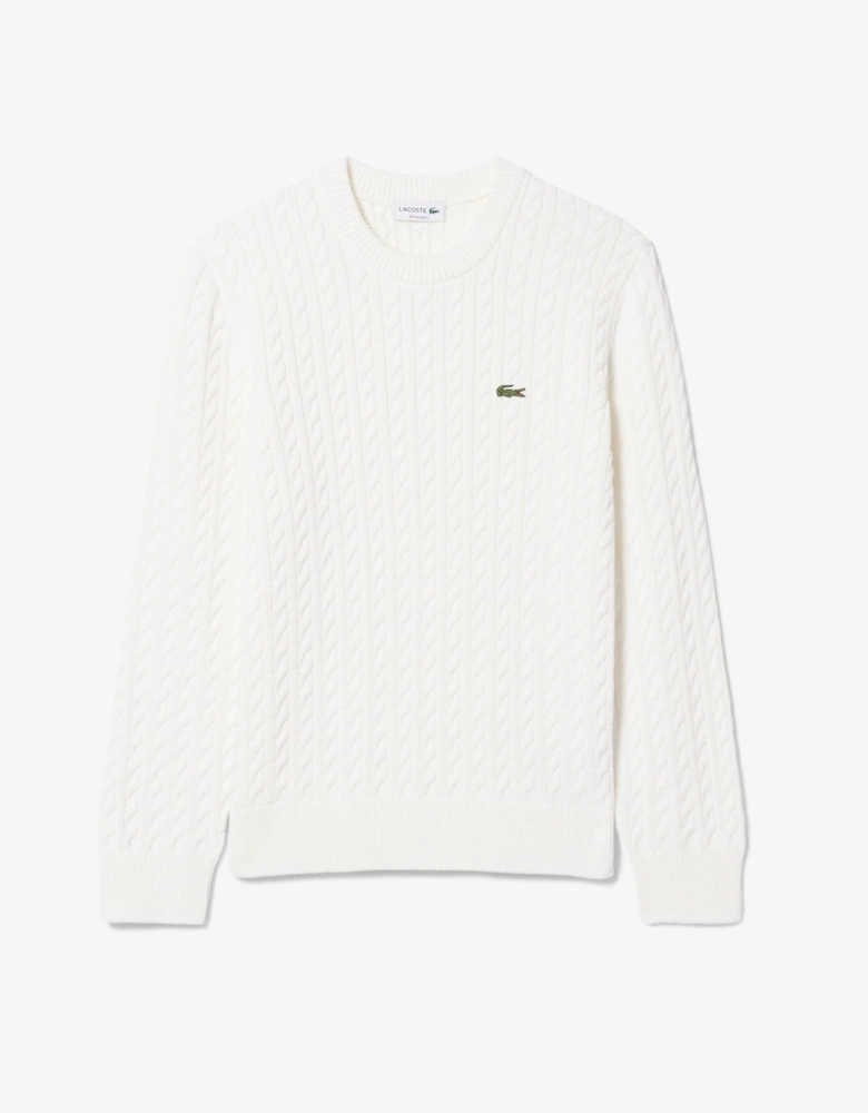 Cable Knit Mens Cotton Jumper - Flour/Green