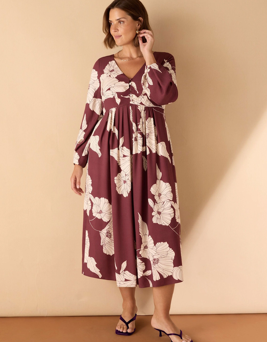 Burgundy Floral Print Button Up Midaxi Dress