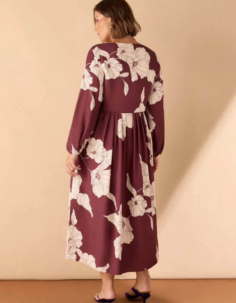 Burgundy Floral Print Button Up Midaxi Dress