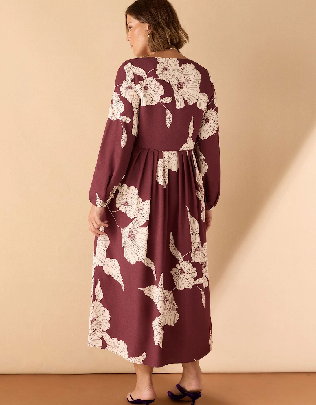 Burgundy Floral Print Button Up Midaxi Dress