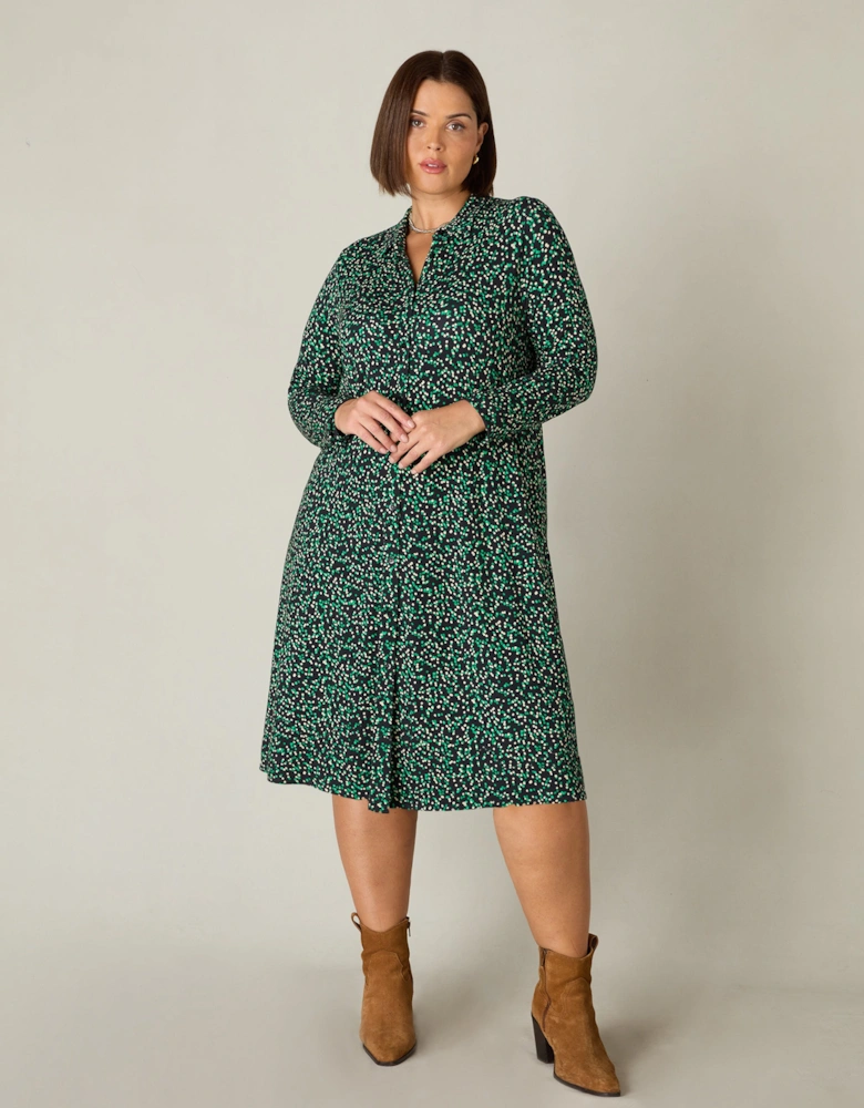 Green Spot Print Jersey Relaxed Shirt Dress