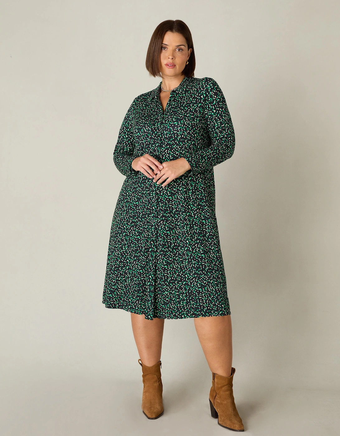Green Spot Print Jersey Relaxed Shirt Dress