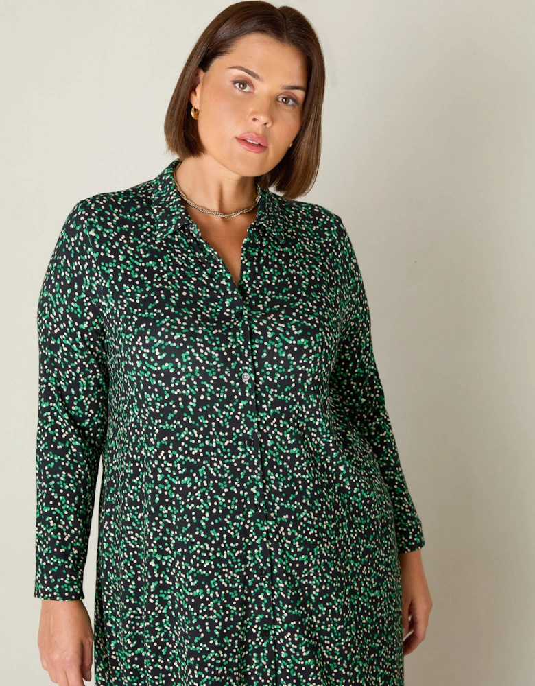 Green Spot Print Jersey Relaxed Shirt Dress