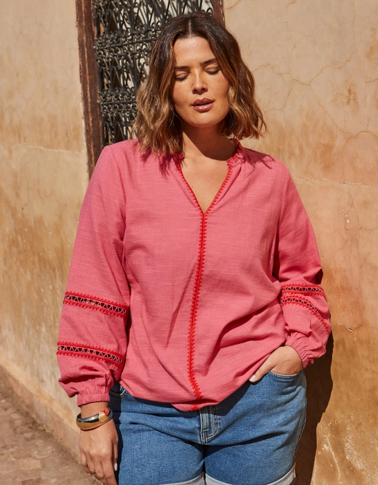 Pink Blouse With Red Trim Detail