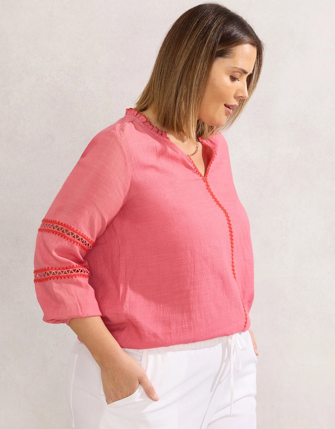 Pink Blouse With Red Trim Detail