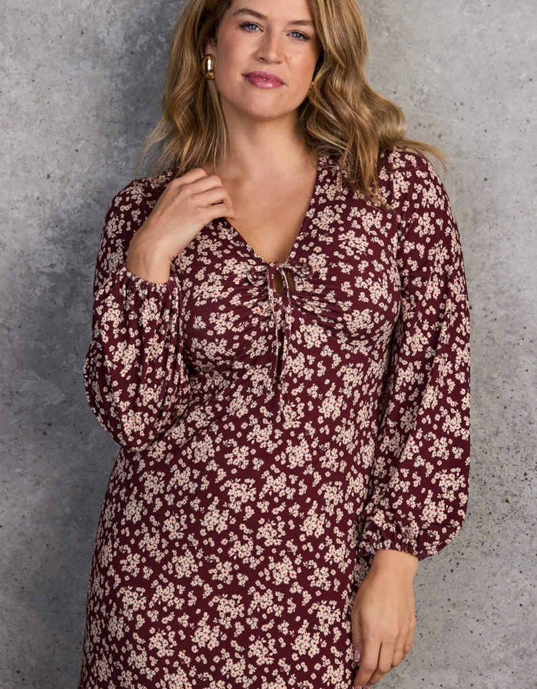 Red Ditsy Tie Keyhole Jersey Dress