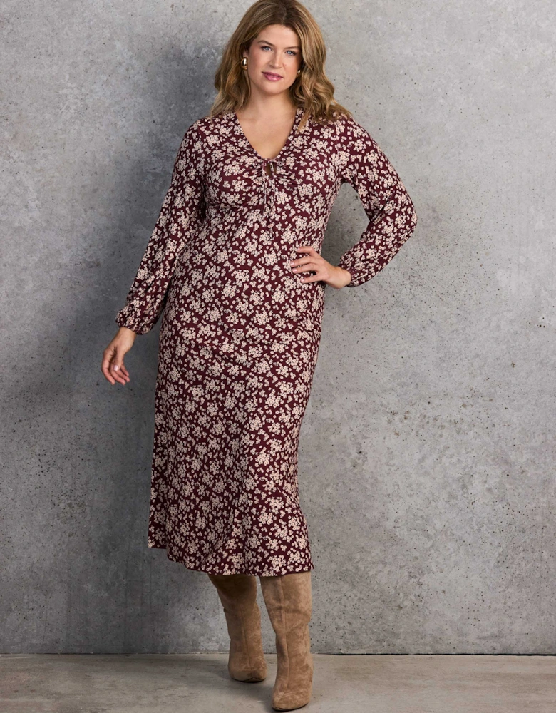 Red Ditsy Tie Keyhole Jersey Dress