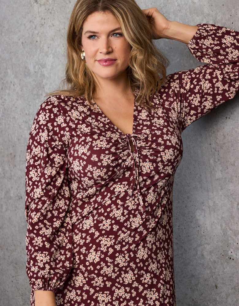 Red Ditsy Tie Keyhole Jersey Dress