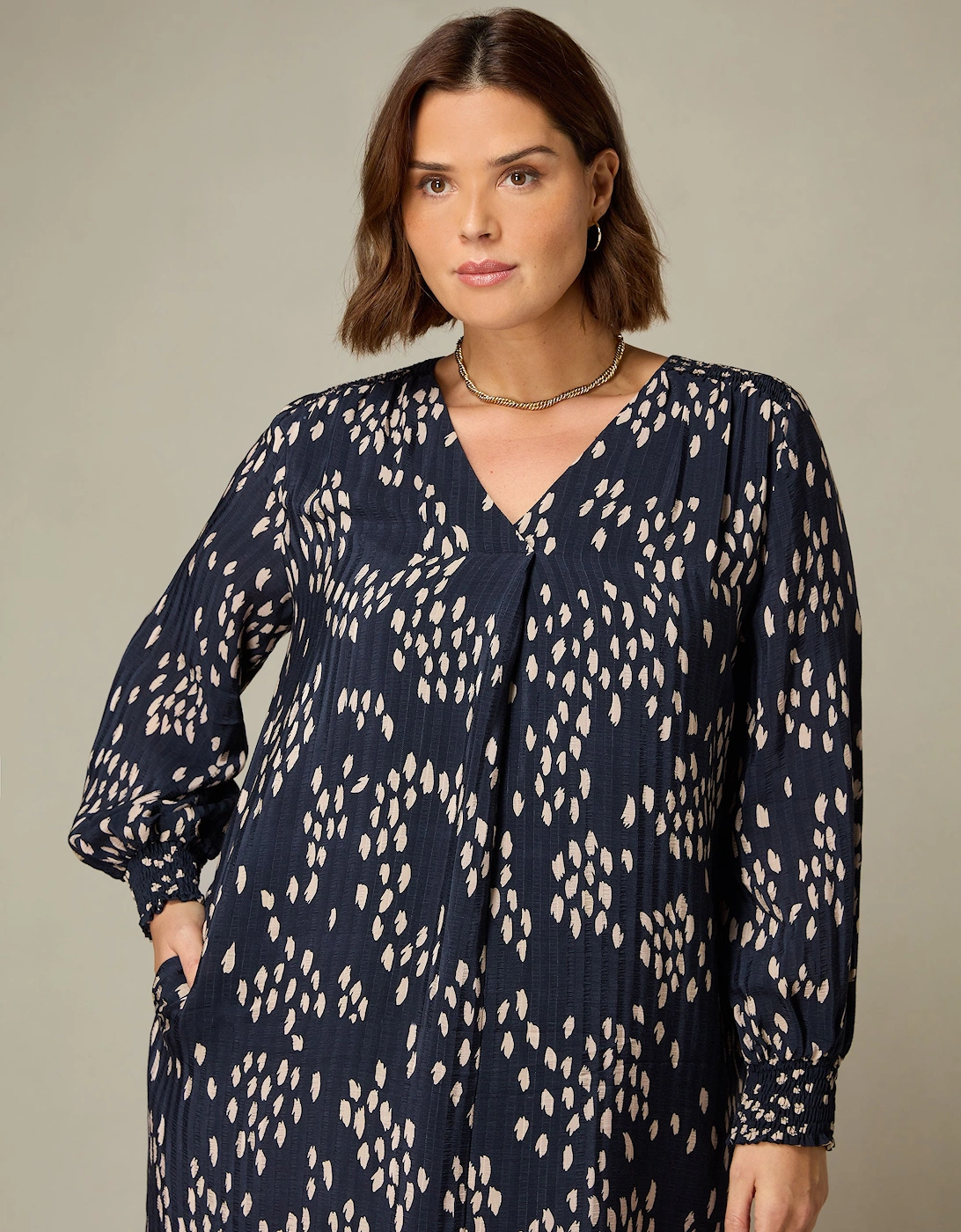 Stone Dash Print Pleat Front Chuck On Dress
