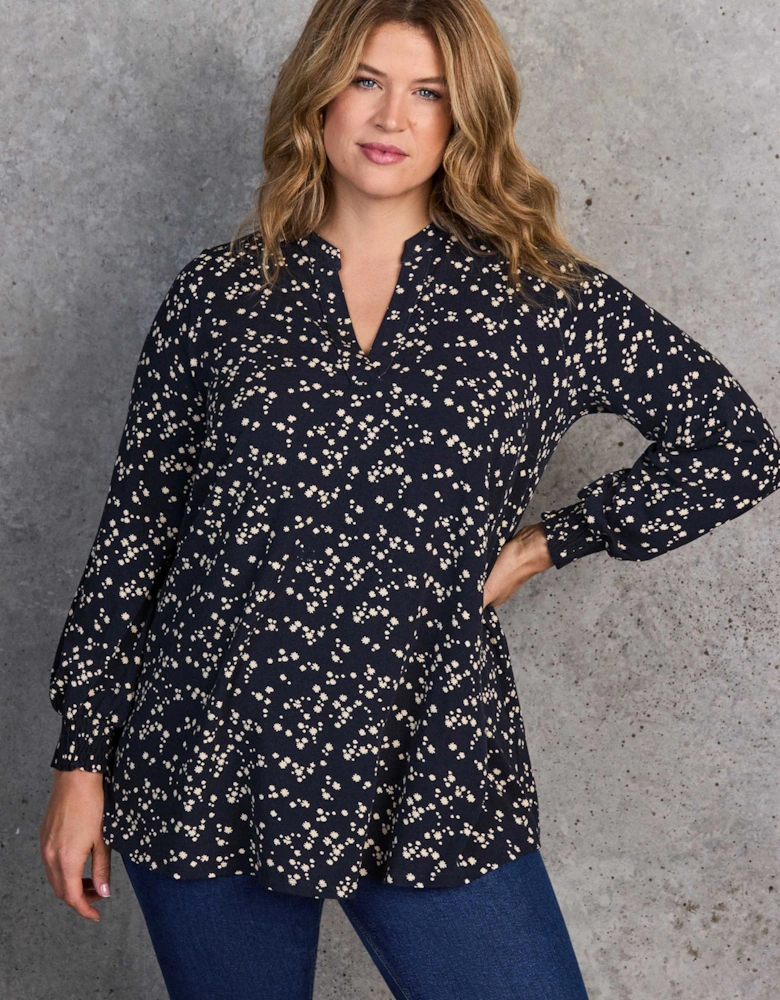 Petite Navy Ditsy Print Nehru Collar Tunic