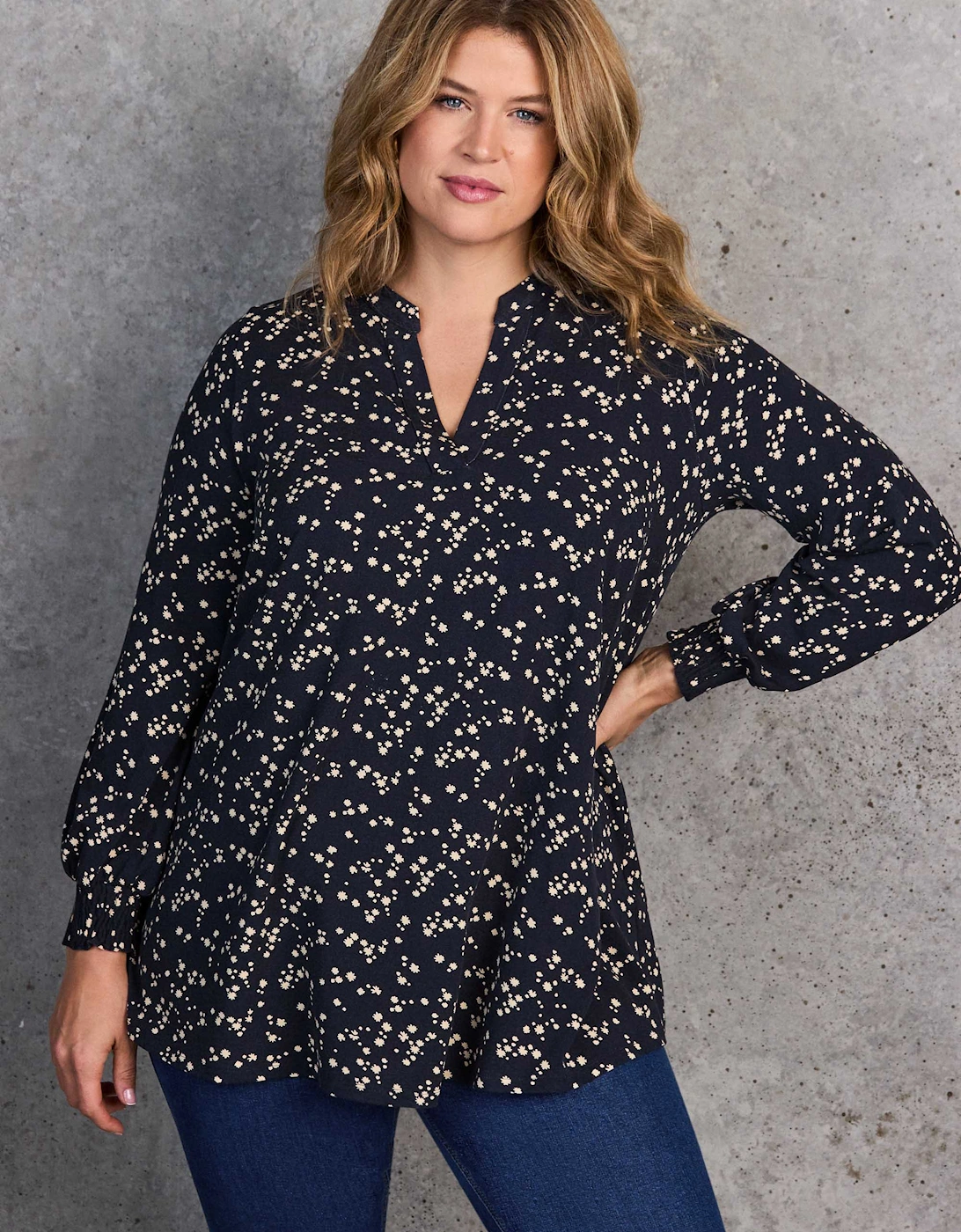 Petite Navy Ditsy Print Nehru Collar Tunic