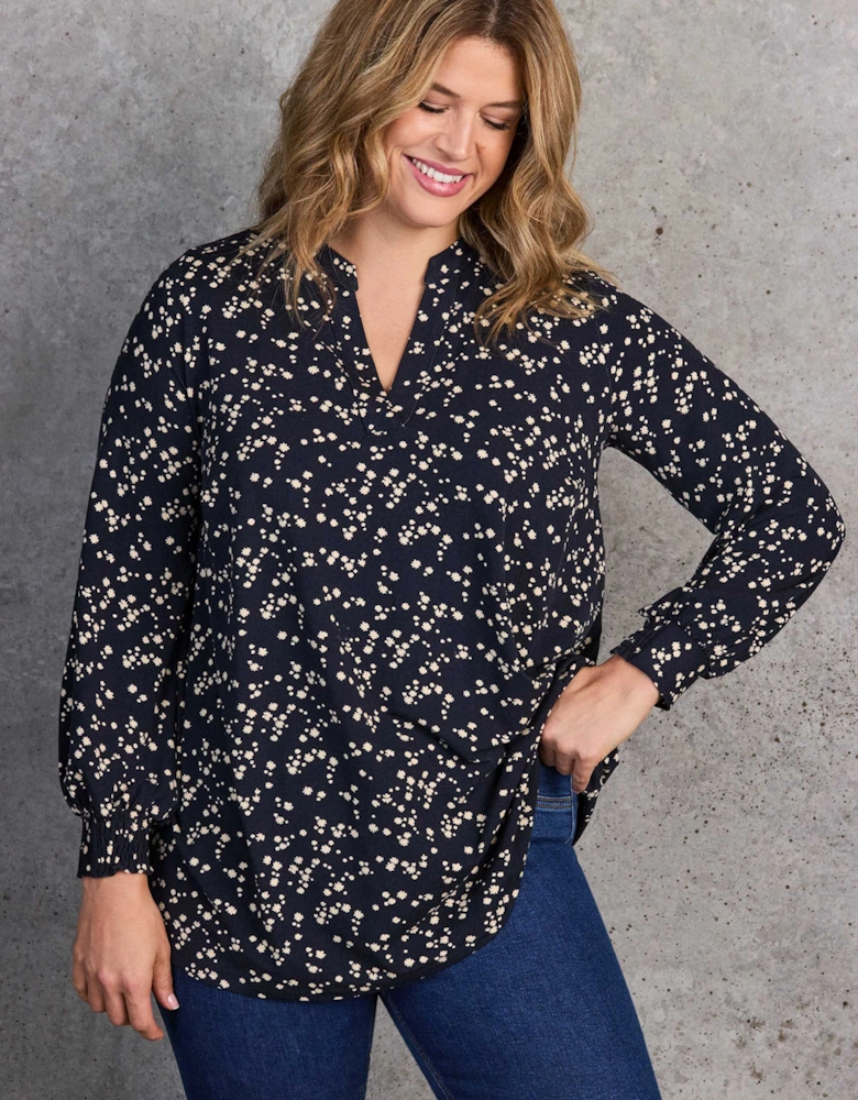 Petite Navy Ditsy Print Nehru Collar Tunic