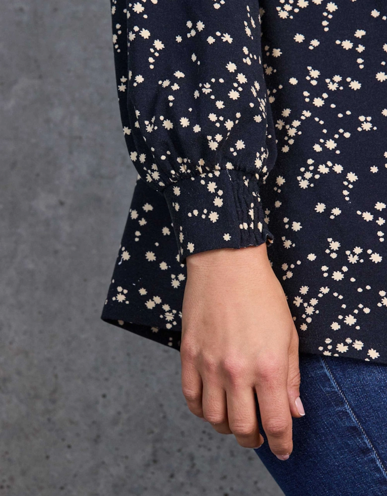 Petite Navy Ditsy Print Nehru Collar Tunic