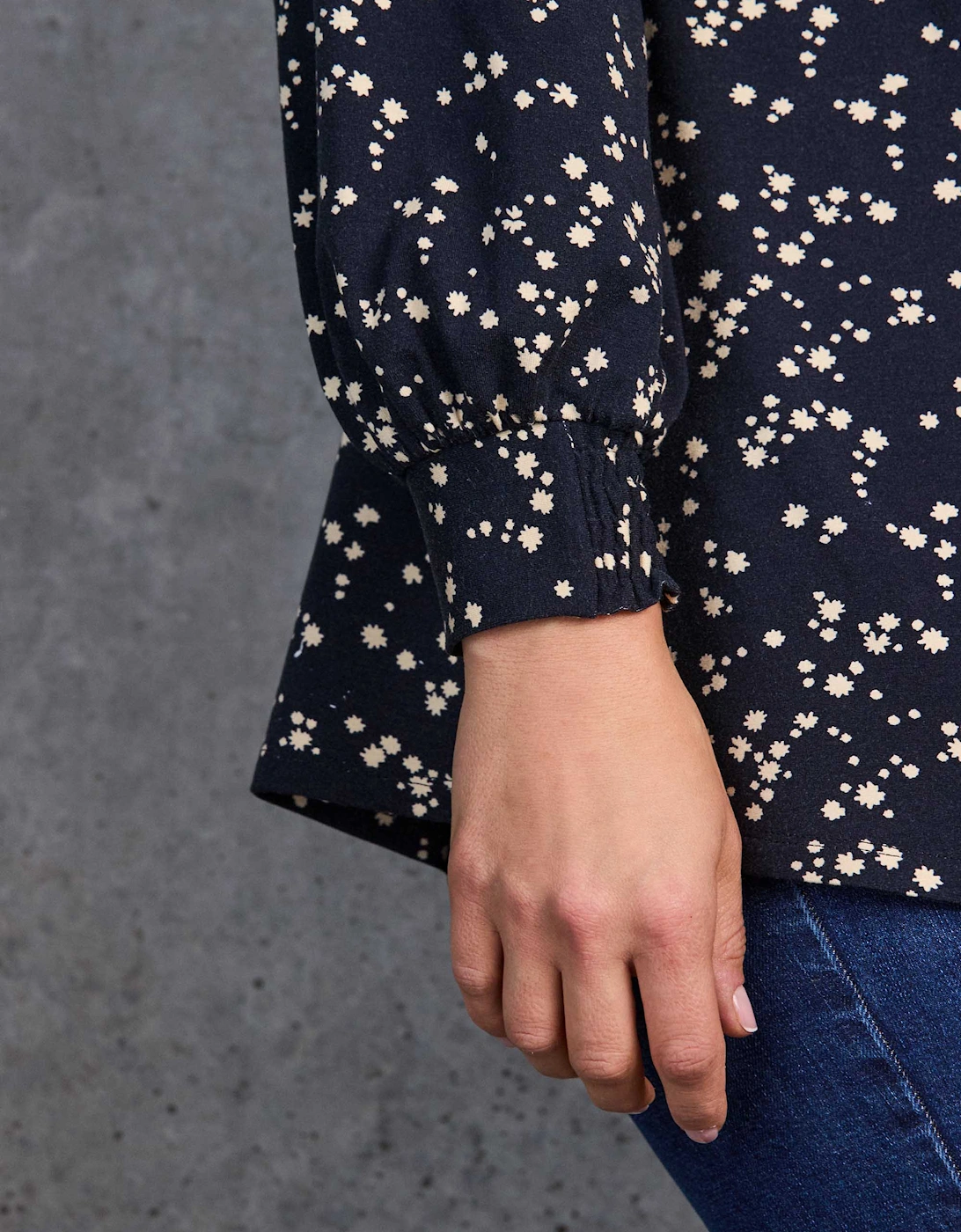 Petite Navy Ditsy Print Nehru Collar Tunic