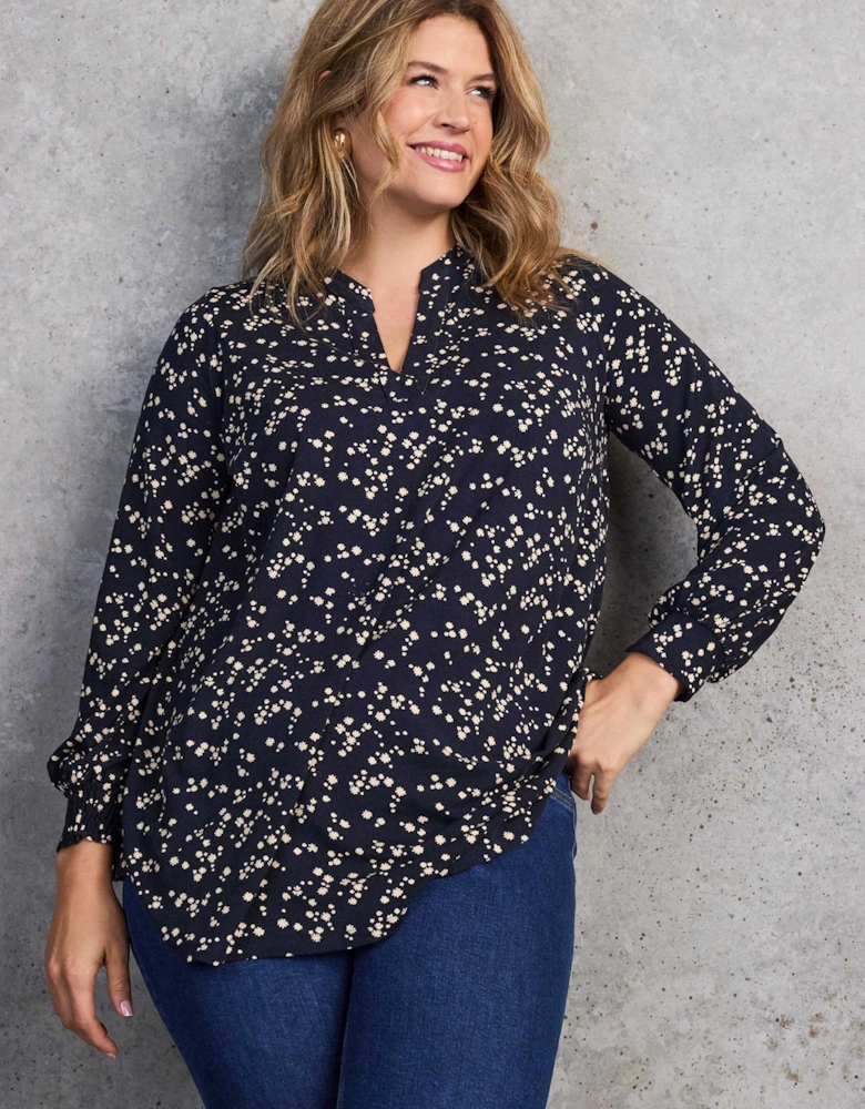 Petite Navy Ditsy Print Nehru Collar Tunic