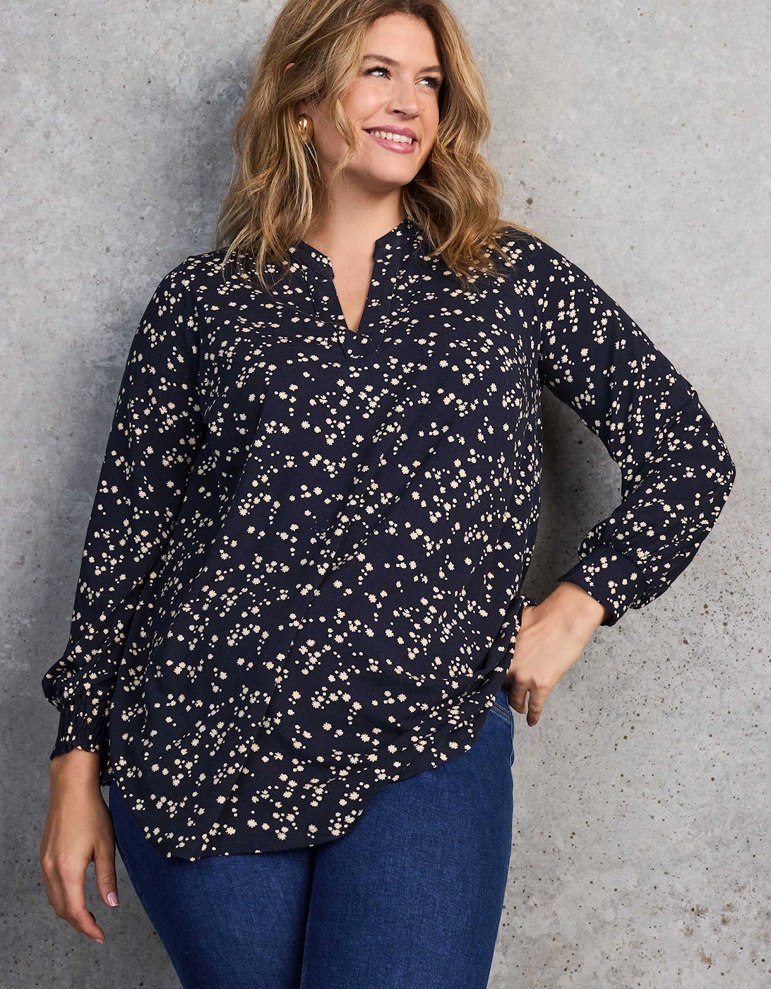Petite Navy Ditsy Print Nehru Collar Tunic