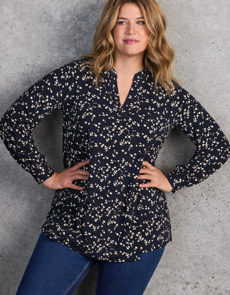 Petite Navy Ditsy Print Nehru Collar Tunic