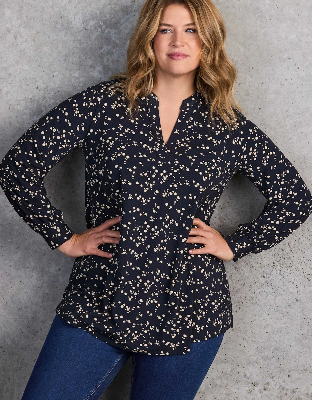 Petite Navy Ditsy Print Nehru Collar Tunic