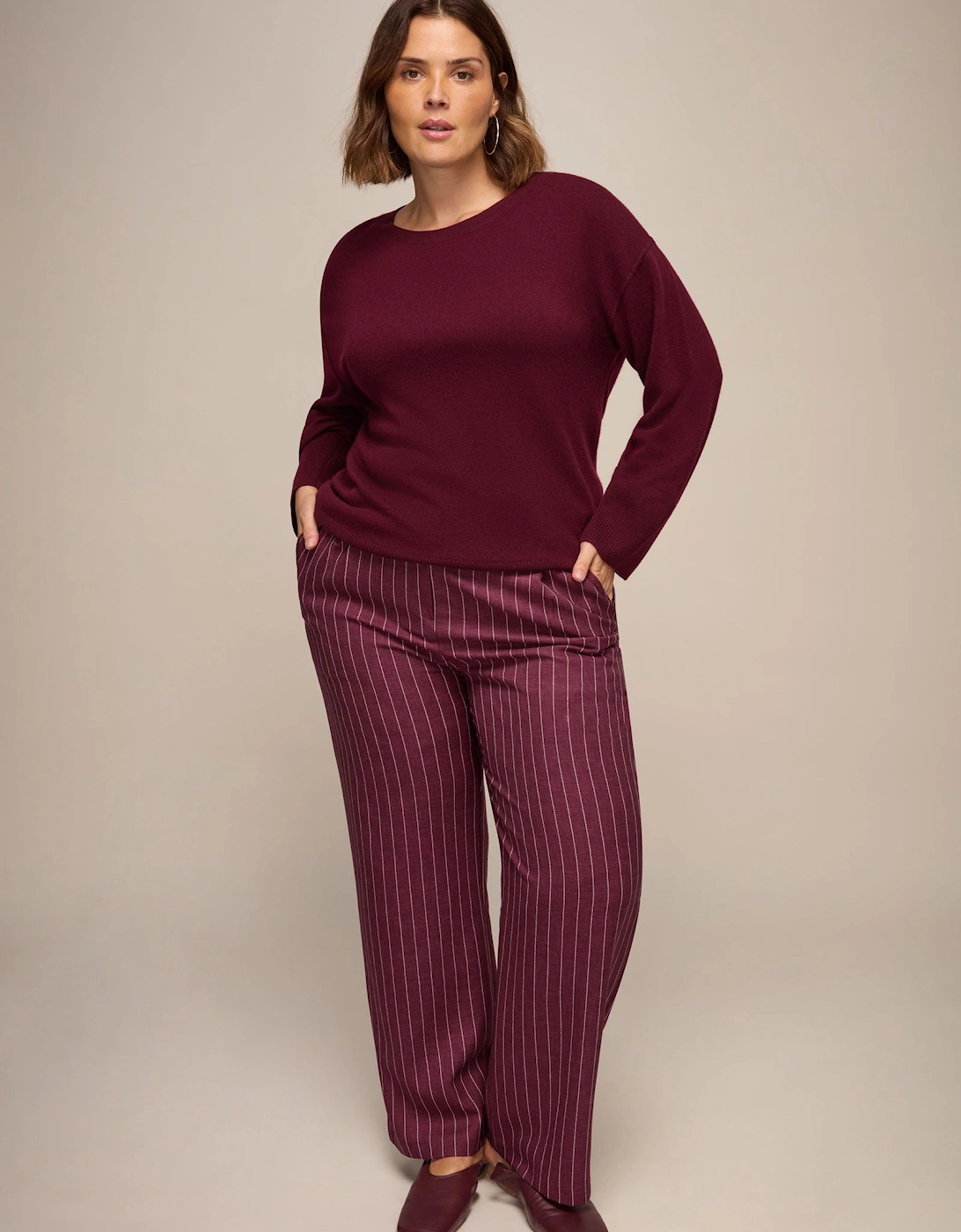 Burgundy Pinstripe Button Detail Wide Leg Trouser