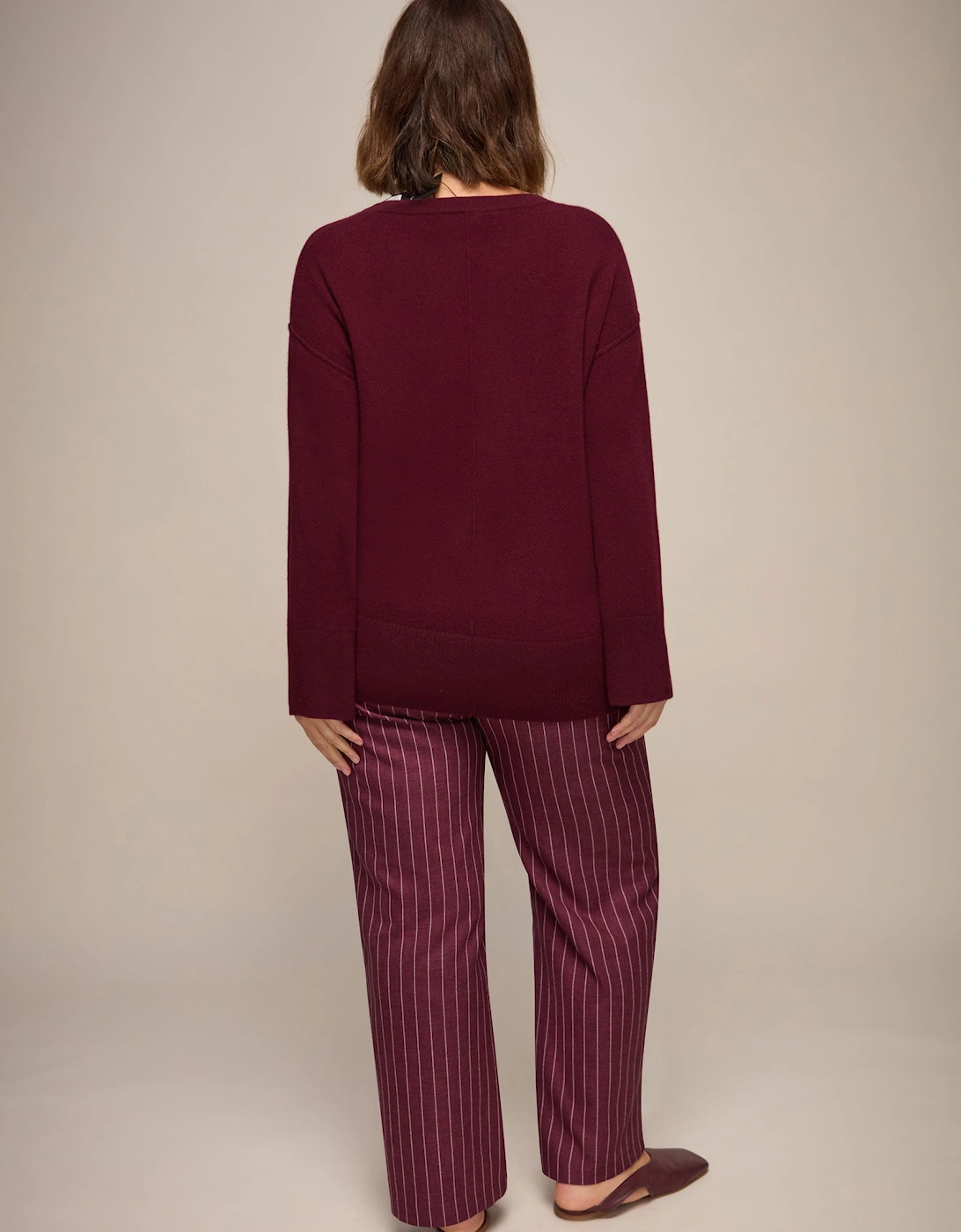 Burgundy Pinstripe Button Detail Wide Leg Trouser