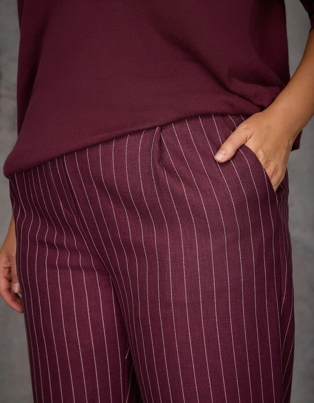 Burgundy Pinstripe Button Detail Wide Leg Trouser